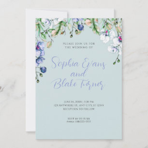 Invitación Boda azul floral azul, blanco y verde moderno