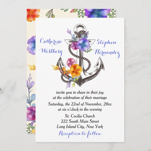 Invitación Boda azul floral de anclaje náutico (Anverso / Reverso)