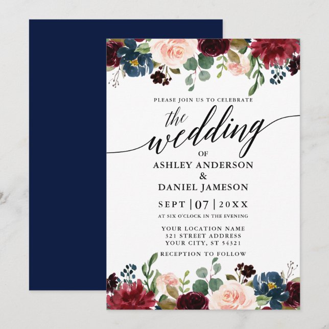 Invitación Boda azul floral de Borgoña caligrafía (Anverso / Reverso)