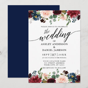 Invitación Boda azul floral de Borgoña caligrafía