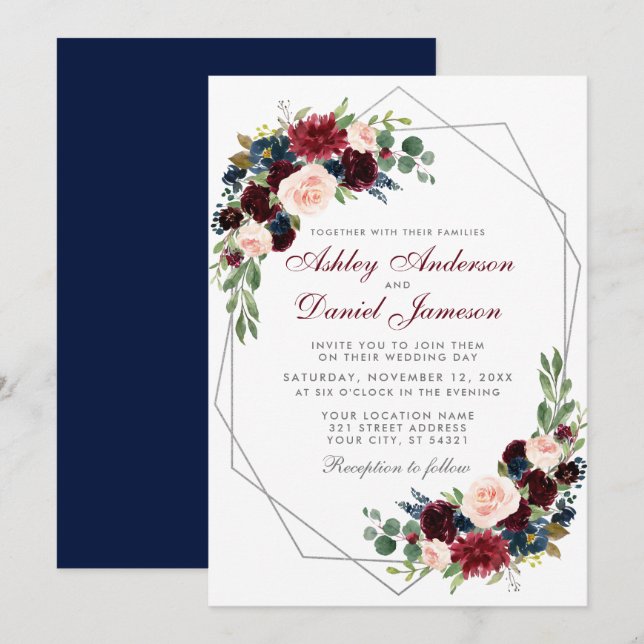 Invitación Boda azul floral de borgoña de plata geométrica (Anverso / Reverso)