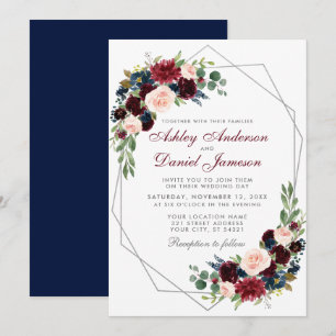 Invitación Boda azul floral de borgoña de plata geométrica