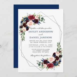 Invitación Boda azul floral de color de agua plata geométrica