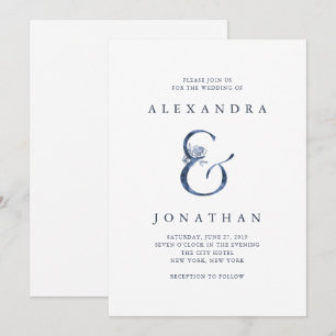Invitación Boda azul floral de la acuarela del signo "&" el  