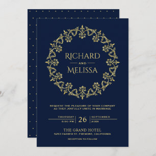 Invitación Boda azul floral del oro adornado del Flourish del