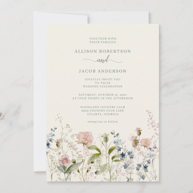 Invitación Boda azul floral floral azul acuarela rosa (Anverso)