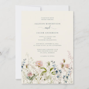 Invitación Boda azul floral floral azul acuarela rosa