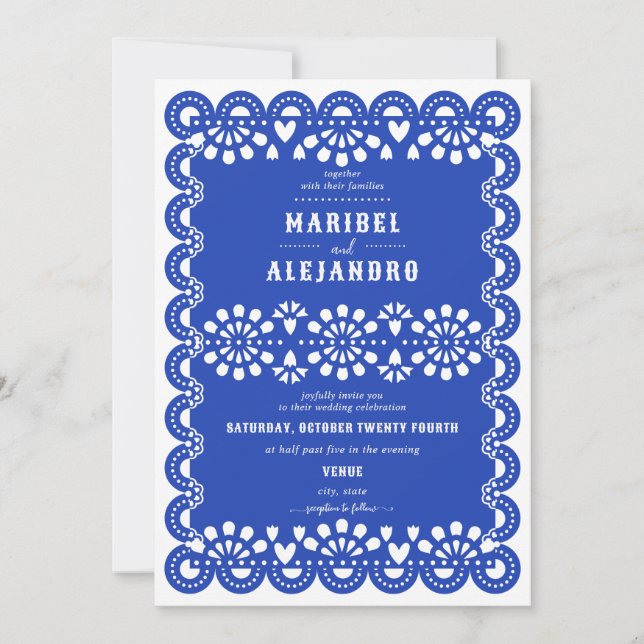 Invitación Boda azul floral Papel Picado de México en vieira (Anverso)