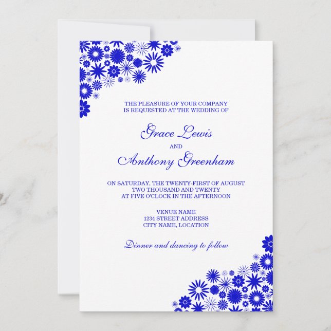 Invitación Boda azul floral real (Anverso)