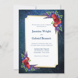 Invitación Boda Azul Floral Rojo