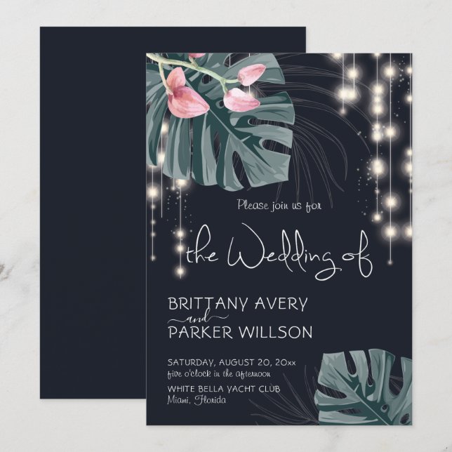Invitación Boda Azul Floral Tropical (Anverso / Reverso)