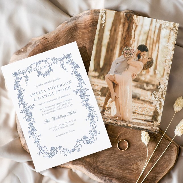 Invitación Boda azul fotográfico francés de época victoriana (Subido por el creador)