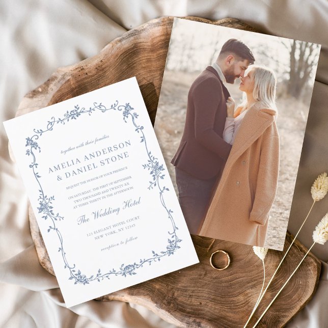 Invitación Boda azul fotográfico francés de época victoriana (Subido por el creador)