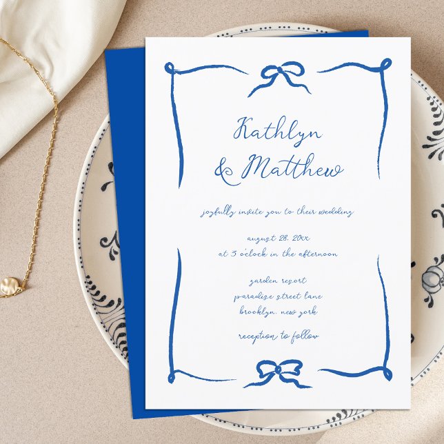 Invitación Boda azul francés de cinta de dibujo de mano (Subido por el creador)