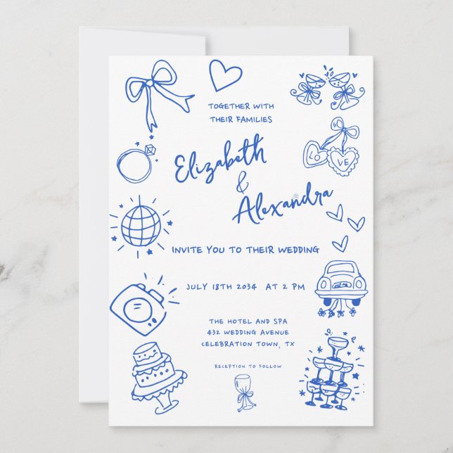 Invitación Boda Azul Francés De Mano Dibujado Quirky (Anverso)