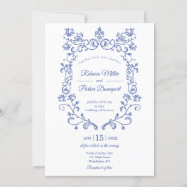 Invitación Boda azul francés foto código qr en la parte poste