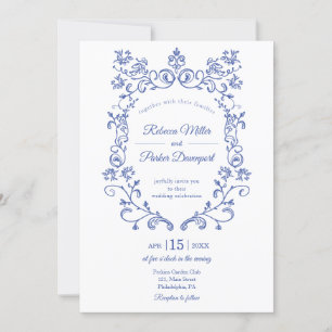 Invitación Boda azul francés foto código qr en la parte poste
