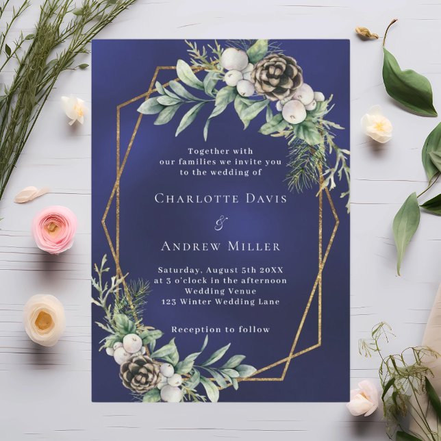Invitación Boda azul geométrico de oro de pino cino (Subido por el creador)