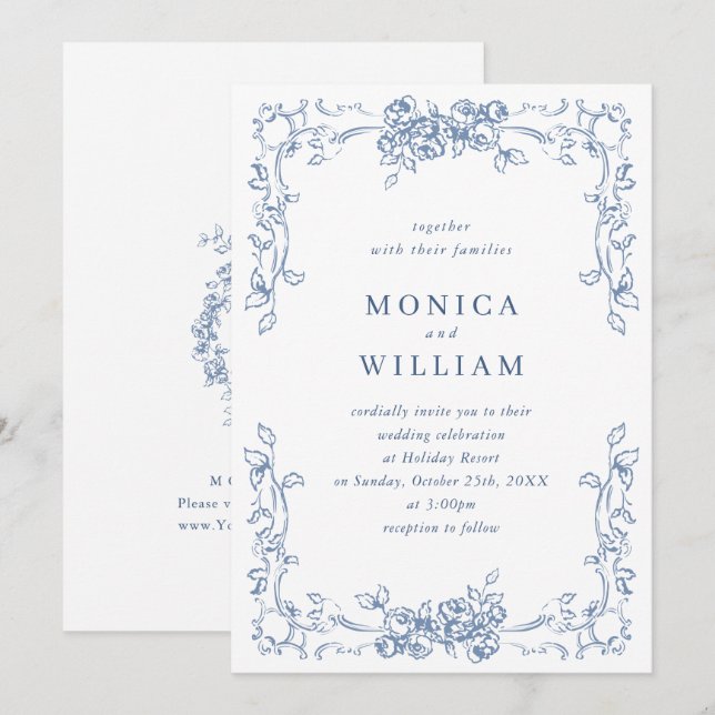 Invitación Boda azul húmedo del ornato floral del renacimient (Anverso / Reverso)