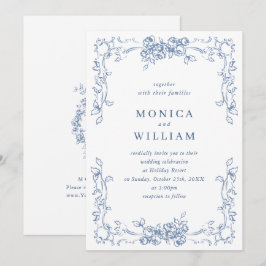 Invitación Boda azul húmedo del ornato floral del renacimient