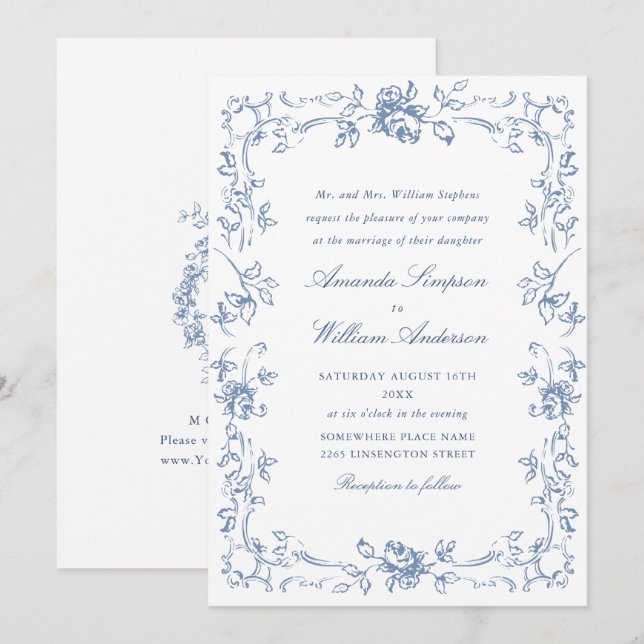 Invitación Boda azul húmedo del ornato floral del renacimient (Anverso / Reverso)