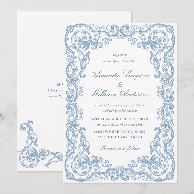 Invitación Boda azul húmedo del ornato floral del renacimient (Anverso / Reverso)