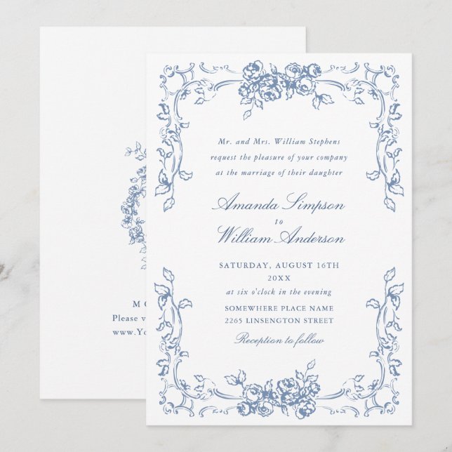 Invitación Boda azul húmedo del ornato floral del renacimient (Anverso / Reverso)