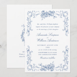 Invitación Boda azul húmedo del ornato floral del renacimient