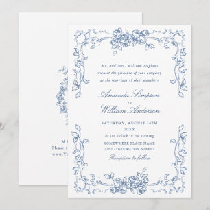 Invitación Boda azul húmedo del ornato floral del renacimient