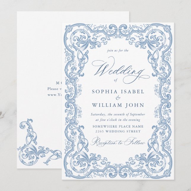 Invitación Boda azul húmedo del ornato floral del renacimient (Anverso / Reverso)