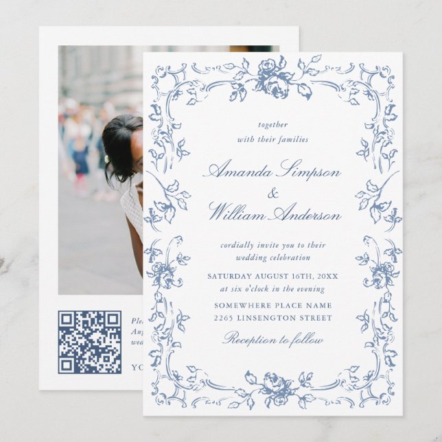 Invitación Boda azul húmedo del ornato floral del renacimient (Anverso / Reverso)