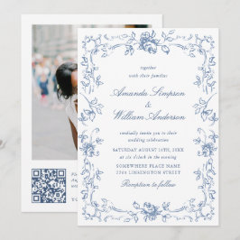 Invitación Boda azul húmedo del ornato floral del renacimient