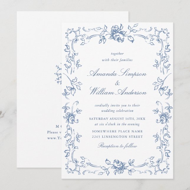 Invitación Boda azul húmedo del ornato floral del renacimient (Anverso / Reverso)
