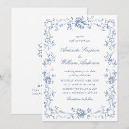 Invitación Boda azul húmedo del ornato floral del renacimient