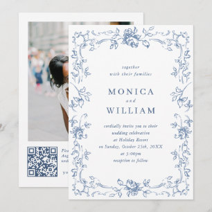 Invitación Boda azul húmedo del ornato floral del renacimient