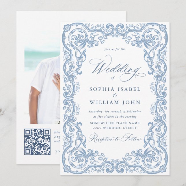 Invitación Boda azul húmedo del ornato floral del renacimient (Anverso / Reverso)