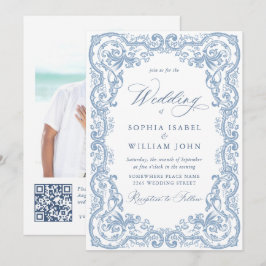 Invitación Boda azul húmedo del ornato floral del renacimient