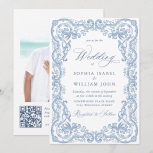 Invitación Boda azul húmedo del ornato floral del renacimient
