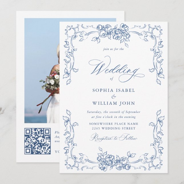 Invitación Boda azul húmedo del ornato floral del renacimient (Anverso / Reverso)