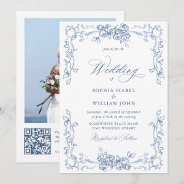 Invitación Boda azul húmedo del ornato floral del renacimient