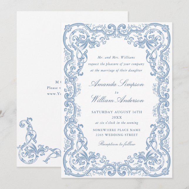 Invitación Boda azul húmedo del ornato floral del renacimient (Anverso / Reverso)