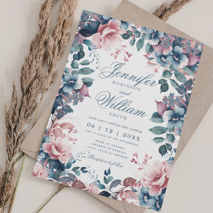 Invitación Boda azul húmedo floral bohemio con QR RSVP