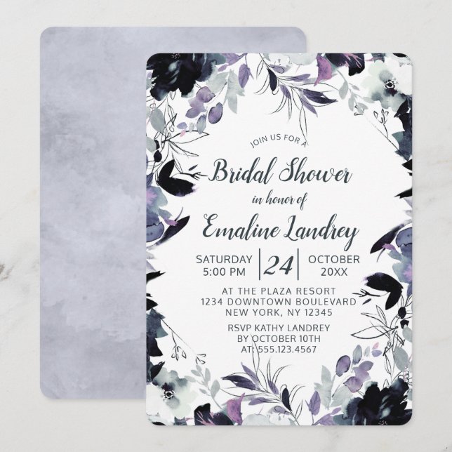 Invitación Boda azul húmedo floral nocturna ducha de novia (Anverso / Reverso)
