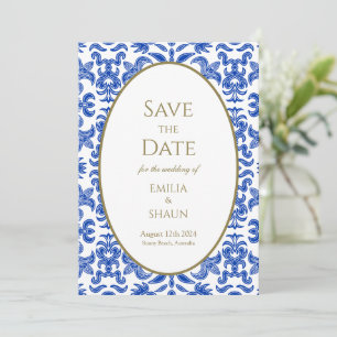 Invitación Boda azul italiana estilo vintage salva la fecha