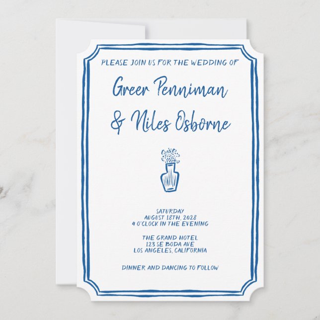 Invitación Boda azul italiano La Dolce Vita escrito a mano (Anverso)