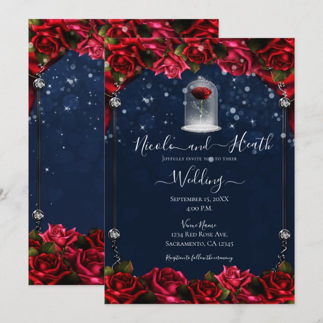 Invitación Boda azul mágico rojo rosa blanco dorado plateado (Anverso / Reverso)
