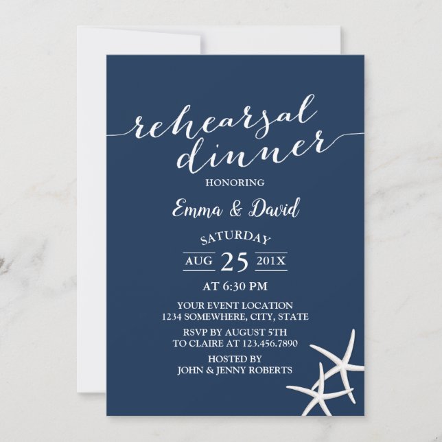 Invitación Boda azul marina Starfish Ensayo de cena (Anverso)