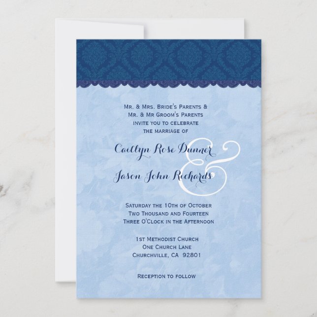 Invitación Boda azul marina y azul bebé Damasco V007 (Anverso)