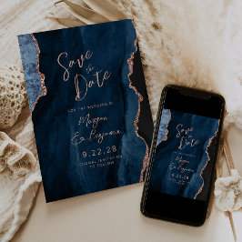 Invitación Boda Azul Marinho Ágata Oro Rosa Guardar la Fecha