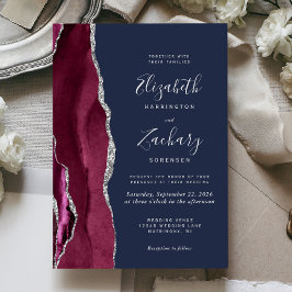 Invitación Boda Azul Marino Ágata Plateada de Borgoña Moderna